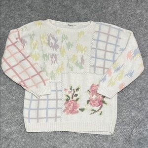 ‘80s Pastel Floral Patchwork Knit Sweater